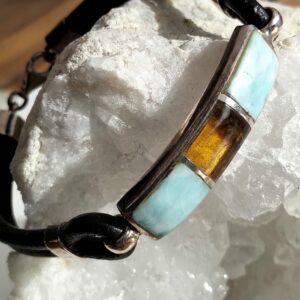 larimar et ambre bracelet / argent et cuir