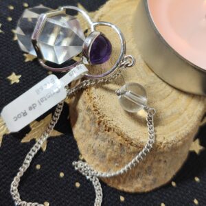 cristal de roche et amethyste pendule a facettes / argent