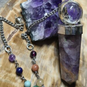 améthyste pendule pointe avec sphère en cristal de roche